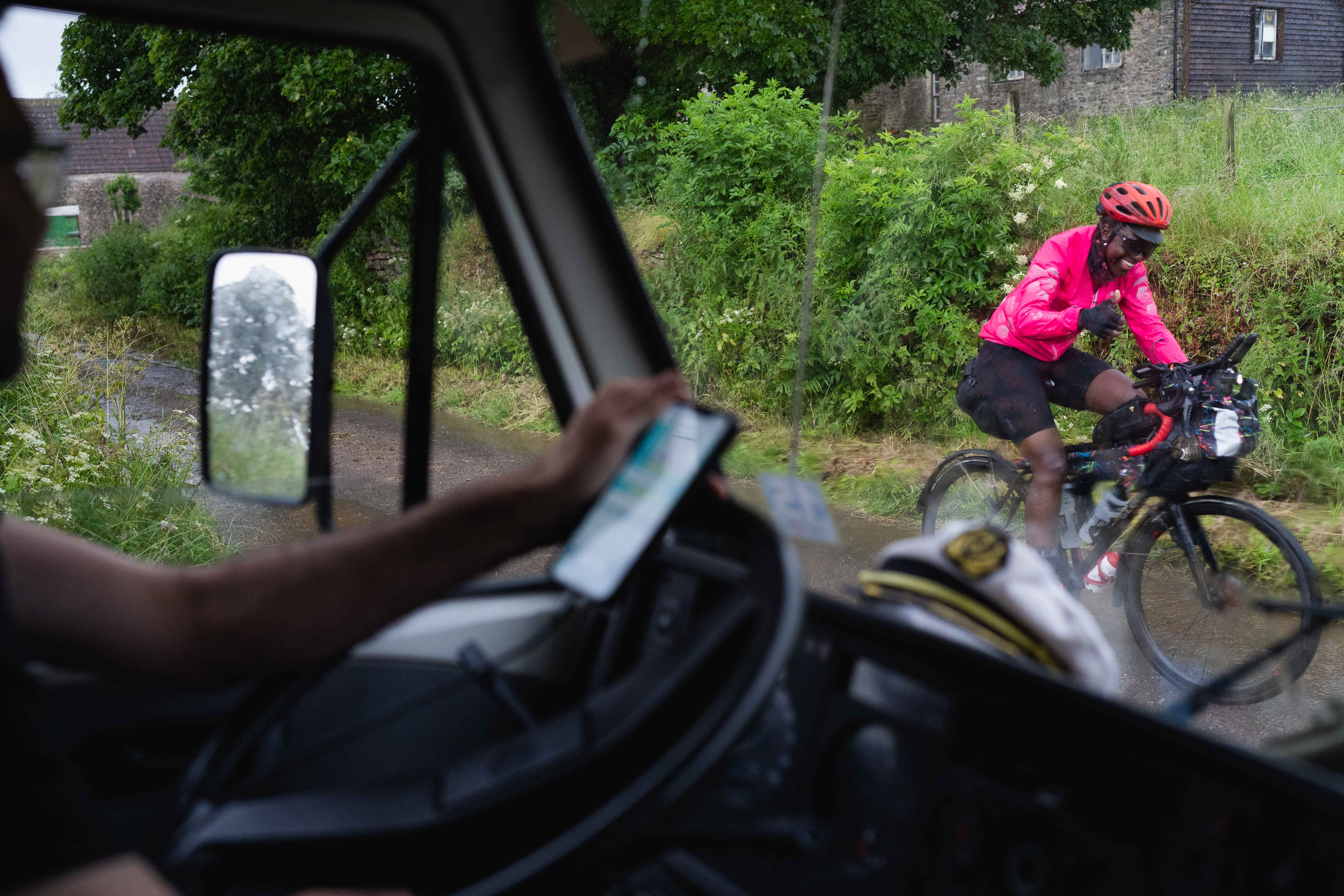 Vera racing the Pan Celtic, a road side view of her in motion from the 'Welsh Embassy' media vehicle.